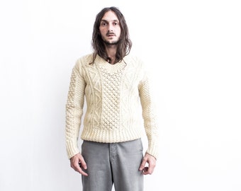 60s Fisherman Sweater V-Neck . Irish Ribbed Cable Sweater . Cream Aran Pull Over Jumper Hand Made