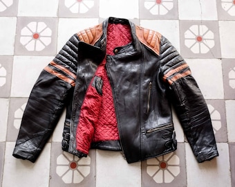Blouson en cuir de motard des années 80, doublure rouge, moto, petite taille