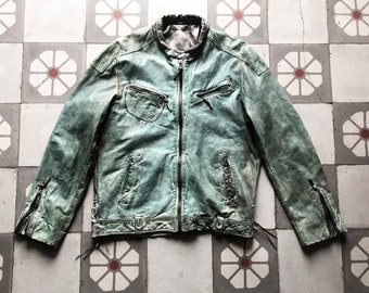 Veste de motard GIORGIO turquoise des années 1980. Veste de moto en cuir d'agneau à col rond