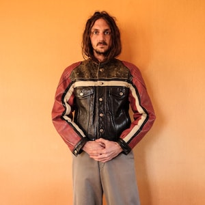 Cropped Boxy Motorcycle Jacket 1980S . Two tone Biker Jacket Distressed Leather Cafe Racer