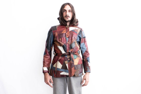 70s Patchwork Leather Jacket .  Fish Scale Hooded… - image 2