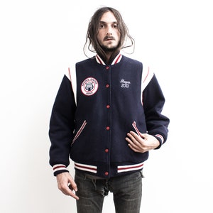 1970s Varsity Jacket . Blue Baseball College Jacket USA . Retro Blue Teddy Wool Bomber