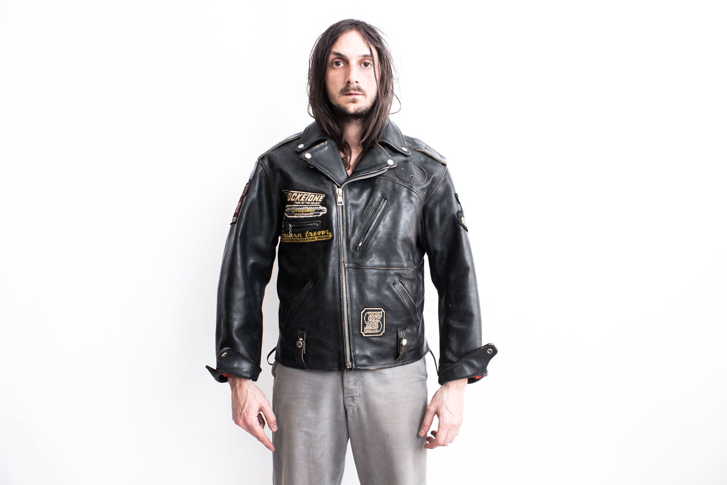 Biker jacket in waxed nylon with riders patch