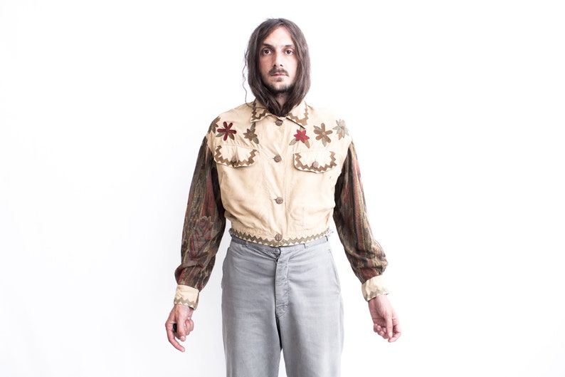 Silk Jacket 1970s Floral Patches Appliqué . Western Hippie Blouse Embroidered Bomber image 4