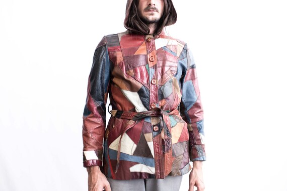 70s Patchwork Leather Jacket .  Fish Scale Hooded… - image 10