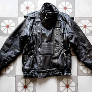 Blouson aviateur tactique MOTO en cuir vintage des années 1980 - Style punk grunge avant-gardiste