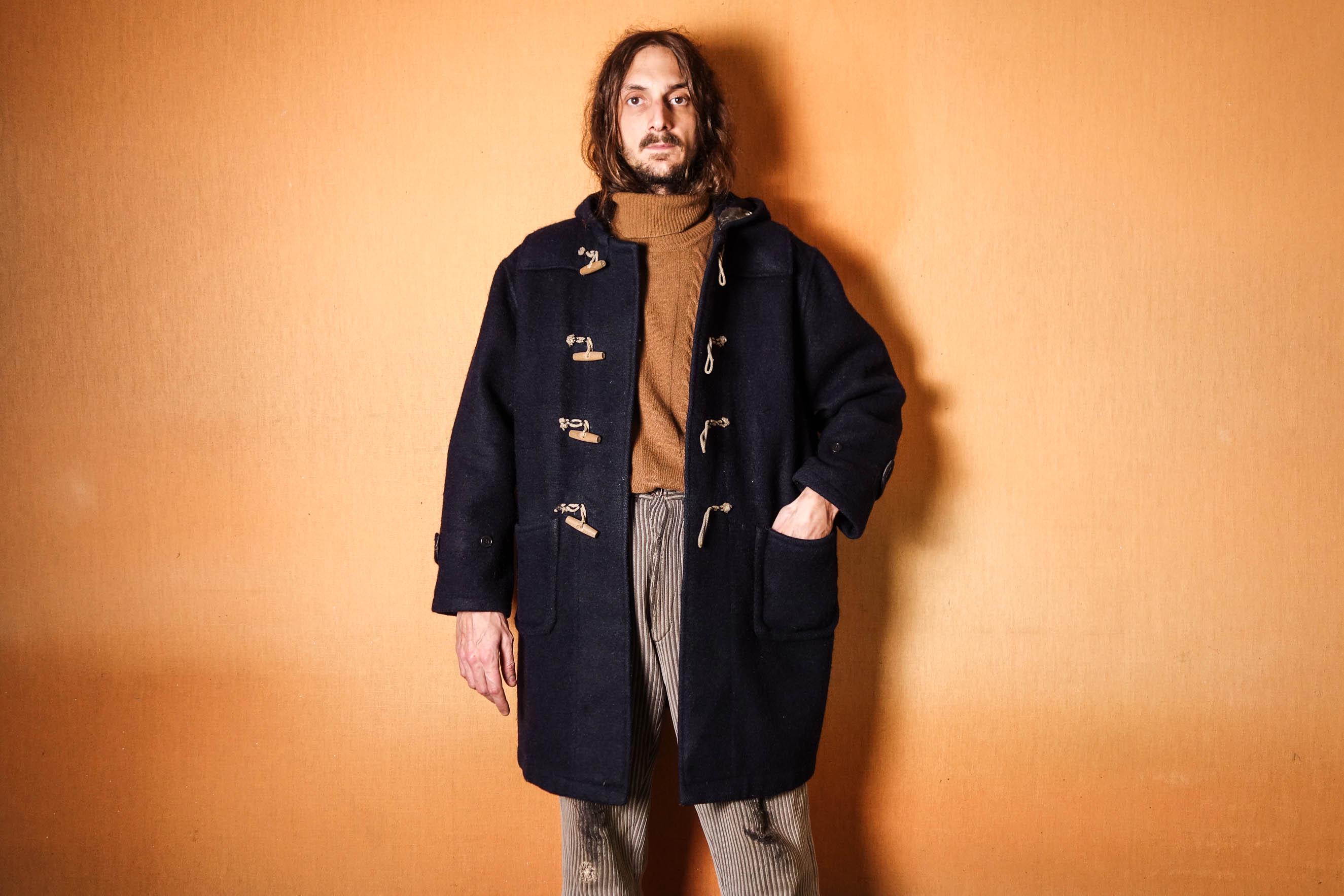 Navy Duffle Coat 70s . Blue Hooded Winter Overcoat . Rustic