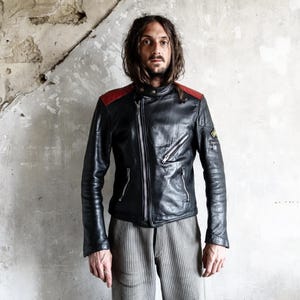 Jacques Icek French Biker Jacket 1970s . Motorcycle Red Lining Real Leather Jacket
