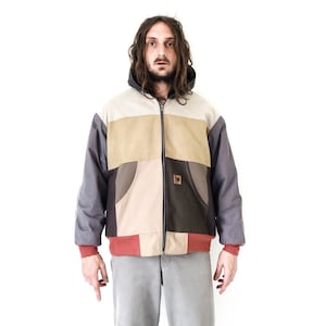 VINTAGE Customised Workwear Jacket 1990s . Workwear Remake Jacket Vintage Collage Patchwork Canvas