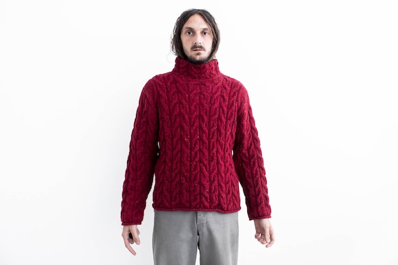 1970s Bordeaux Turtle Neck Irish Sweater . Cable Sweater Sailor Knit .