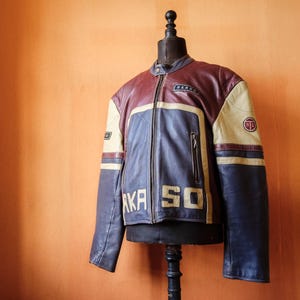 AKASO Racing Leather Jacket 1970s . Biker Colorful Motorcycle Blouson