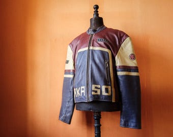 AKASO Racing Leather Jacket 1970s . Biker Colorful Motorcycle Blouson