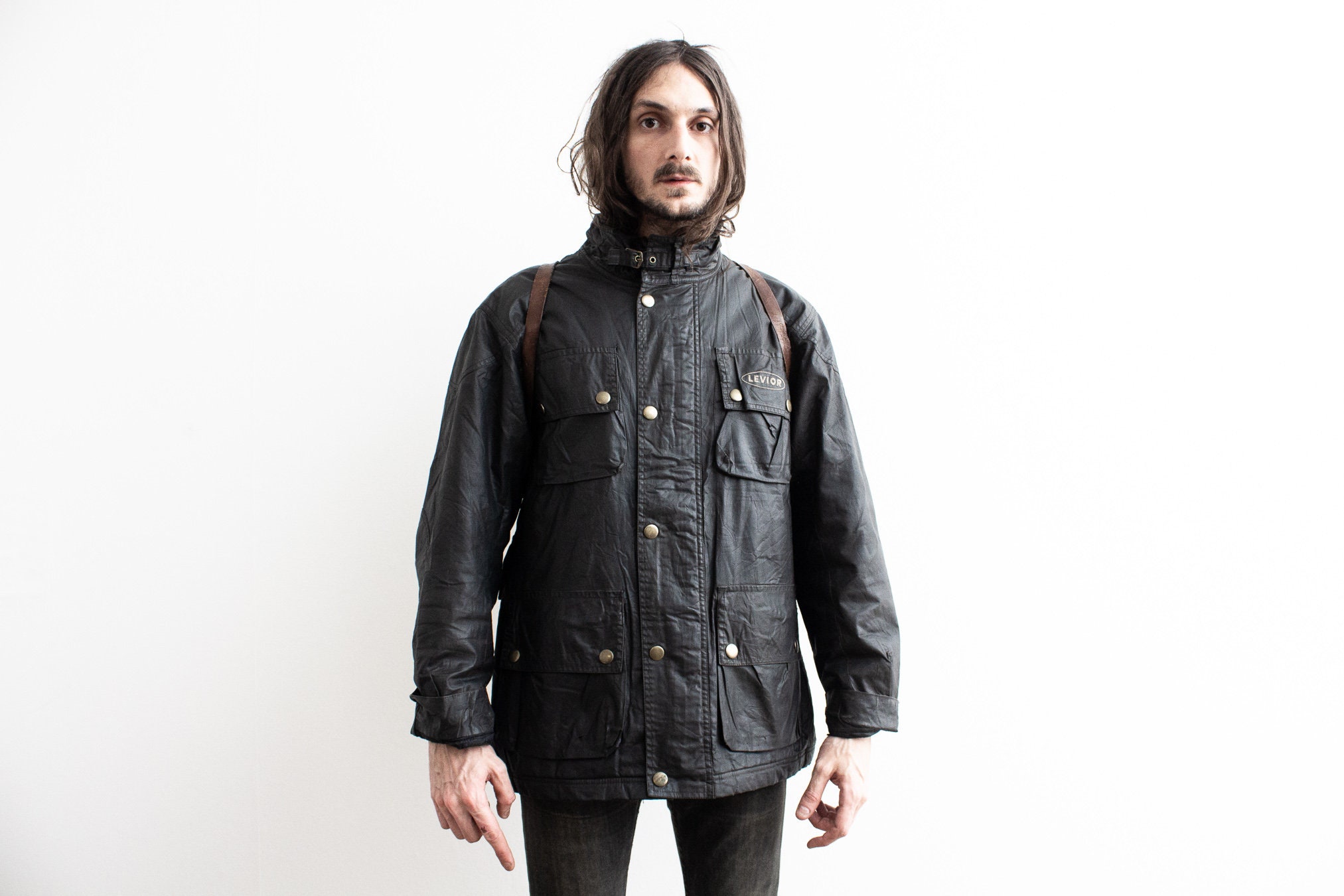 Chaqueta encerada negra de los años 80. encerada Moto - Etsy España