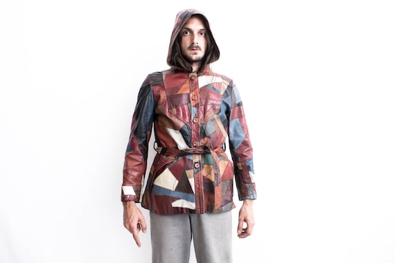 70s Patchwork Leather Jacket .  Fish Scale Hooded… - image 3