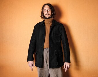 1960s German Moleskin Work Jacket Black . Workwear Utility