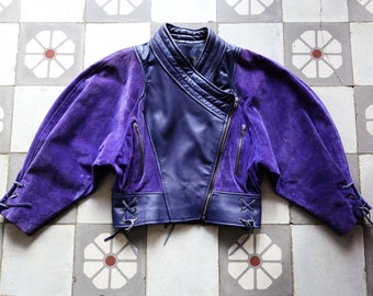 Unique 1980s BOXY Leather Jacket Batwings Purple____