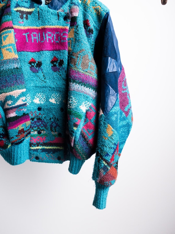 Turquoise Patchwork Tropical Wool Jacket 70s . Ba… - image 5