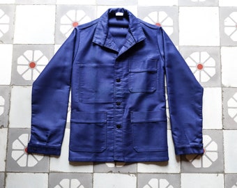 80s DEADSTOCK MOLESKIN French Work Jacket . Faded Work Jacket Utility Deep Blue Chore Antique Jacket . Retro French Chore Jacket