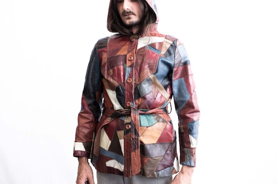 70s Patchwork Leather Jacket .  Fish Scale Hooded… - image 9