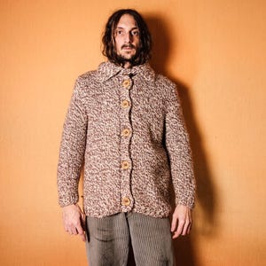 70s Cardigan Sweater Wooden Buttons . Aran Irish Cardigan Sweater . Cable Sweater Pull Over Cream Rustic Wool Sweater