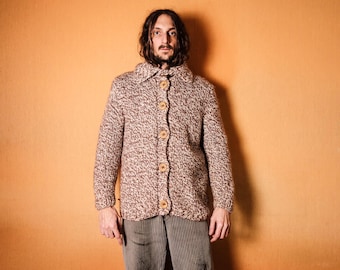 70s Cardigan Sweater Wooden Buttons . Aran Irish Cardigan Sweater . Cable Sweater Pull Over Cream Rustic Wool Sweater