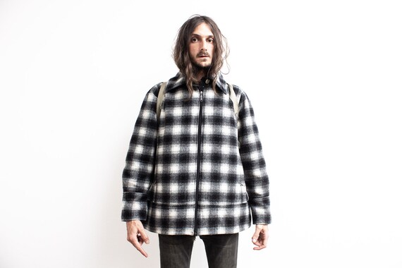 black and white buffalo check coat