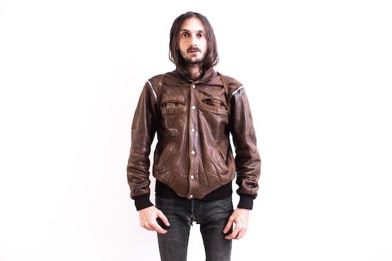 French Pilot Aviator Leather Jacket 70s . Bomber Flight