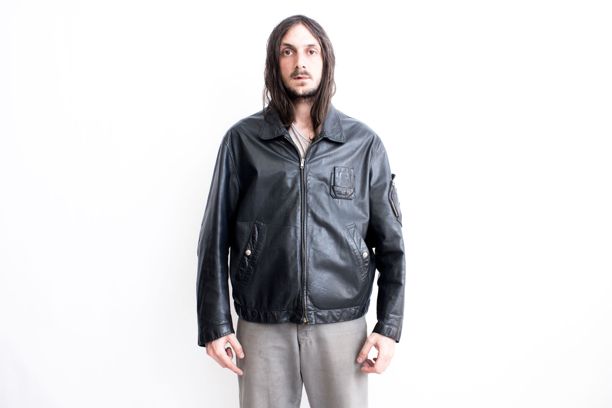 French PILOT Jacket 1980s . Flight Jacet Air Force Leather Bomber 