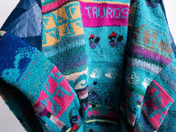 Turquoise Patchwork Tropical Wool Jacket 70s . Ba… - image 8