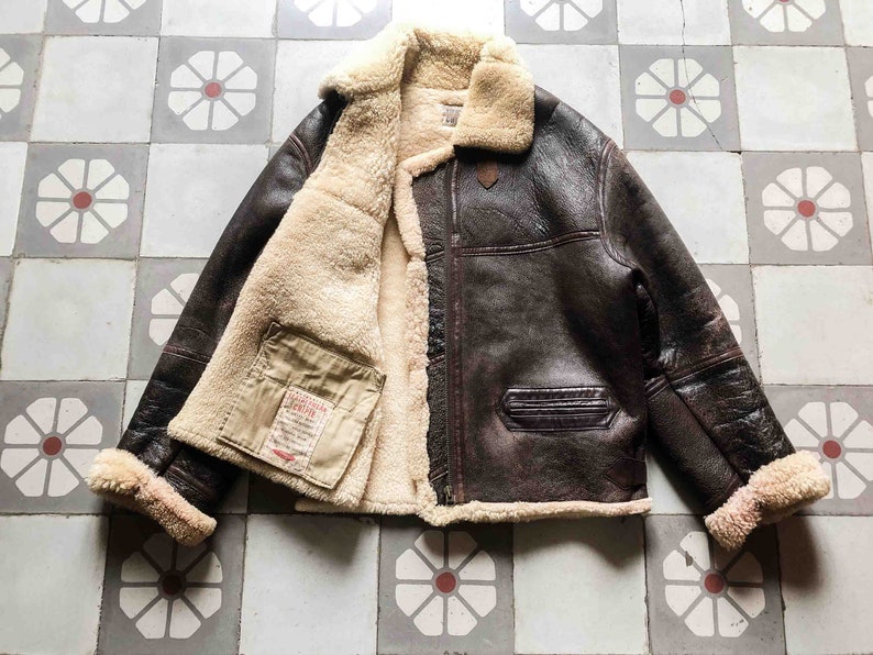 RARE CHIPIE B-3 Aviator Bomber Jacket Pilot 1980s. Sheepskin Winter blouson French Vintage zdjęcie 5