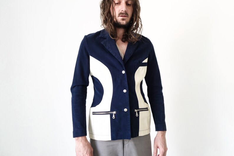 Blazer DISCO de los años 70. Chaqueta de esmoquin. Camisa de terciopelo azul oscuro estilo rockabilly. imagen 5