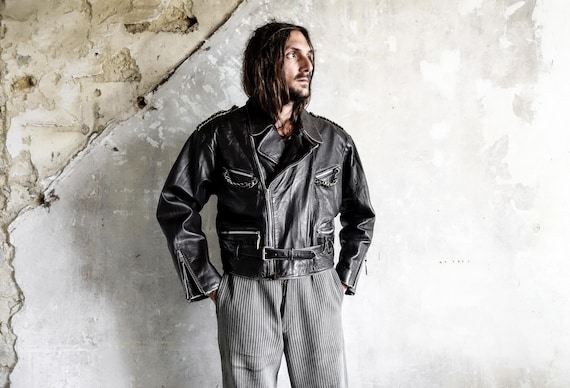 TREVOR Motorcycle Leather Jacket Boxy Cropped Fit . French Vintage