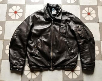 BROWN French Pilot Jacket 1980s . Air force Leather Bomber Flight Jacket  - moto Biker Jacket