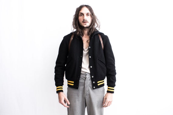 ジャケット・アウター SO ORIGINAL WOOL VARSITY JACKET (BLACK) Stewart & Strauss All Wool Black and Grey Varsity Letterman