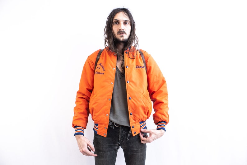 VARSITY Jacket Orange 80s Baseball Jacket . Nylon Starter Jacket Retro Bomber Teddy USA Jacket . Satin Starter jacket University image 2