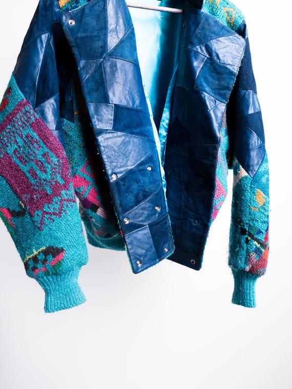 Turquoise Patchwork Tropical Wool Jacket 70s . Ba… - image 2