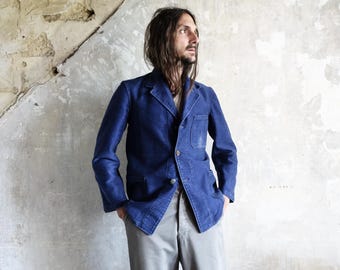 1960s Moleskin Work Jacket Blazer . French Workwear Antique Clothes Peasant Worker Faded Indigo