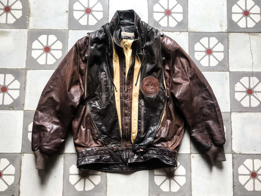 Pleated Leather Bomber 1980s Tactical Pollini Italy Boxy Leather - Main Image