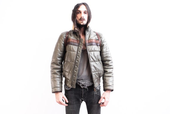 Buy Quilted Leather Bomber 1990s. Aviator Jacket Puffer Warm 
