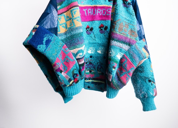 Turquoise Patchwork Tropical Wool Jacket 70s . Ba… - image 7