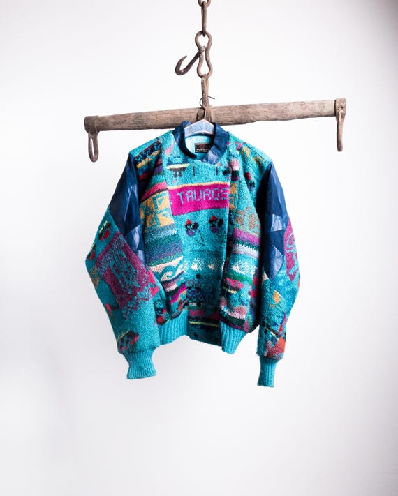 Turquoise Patchwork Tropical Wool Jacket 70s . Ba… - image 3