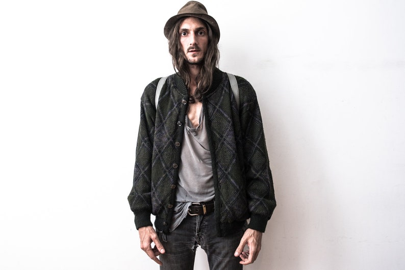 Knitted Jacket 70s patterned Cardigan Bomber Jacket Retro Boho Hippie Woolen Sweater Jacket