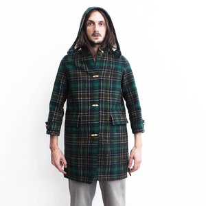 1960s FRENCH VINTAGE Checked Wool Coat Linen Interior. Removable Hood . Wooden Toggles