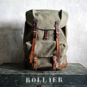 1960s Swiss Army BackPack . Salt And Pepper Military Rucksack .  Hiking Trekking Deadstock NOS