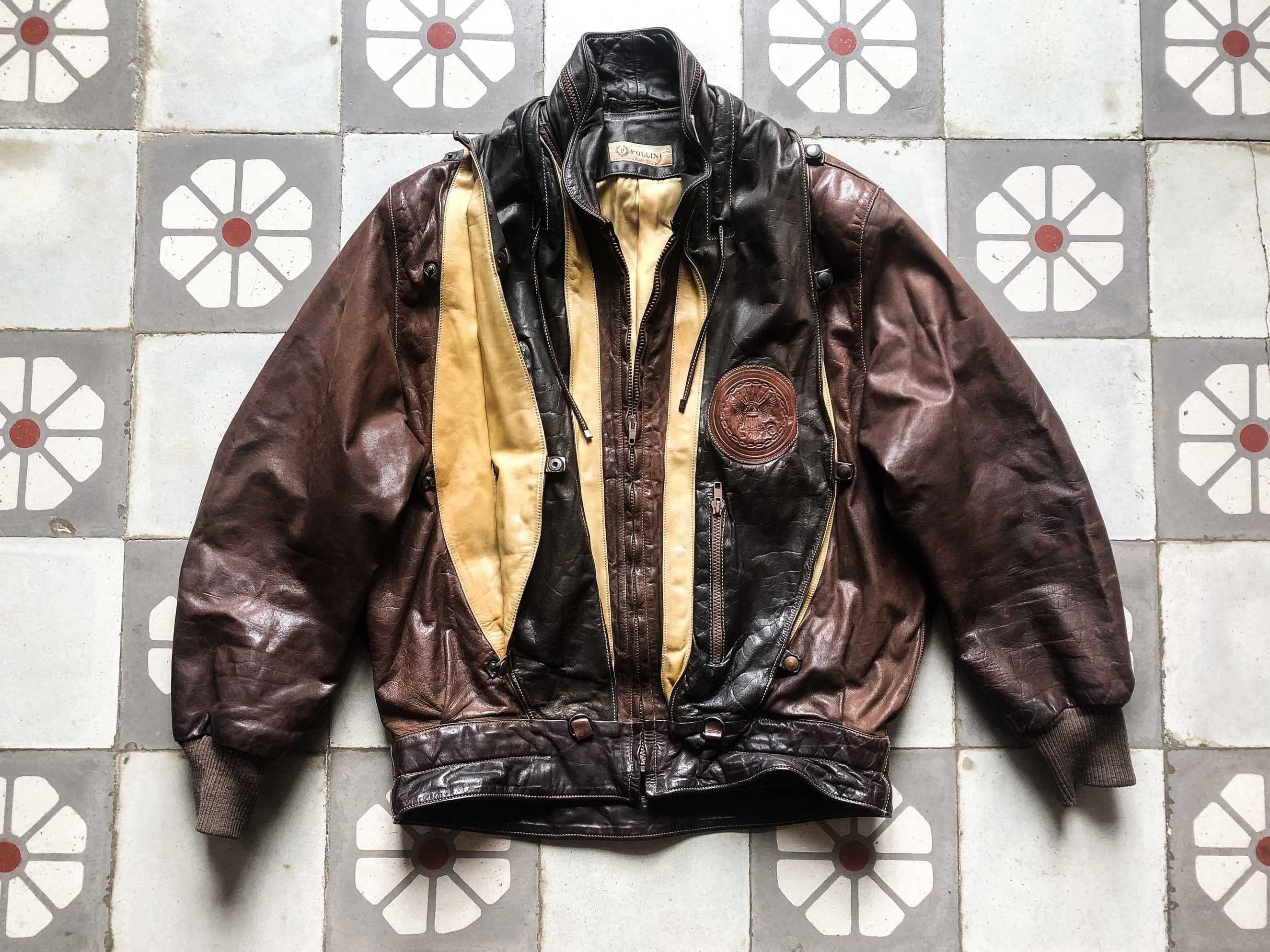 Pleated Leather Bomber 1980s . Tactical Pollini Italy Boxy