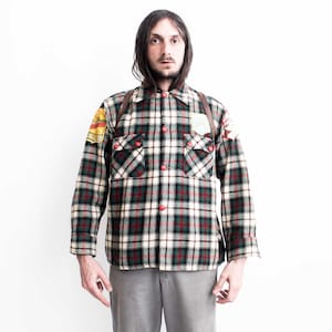 1950s Plaid Shirt Rustic Wool Shirt. Made In Canada.  Flannel Green Checked Shirt Mackinaw