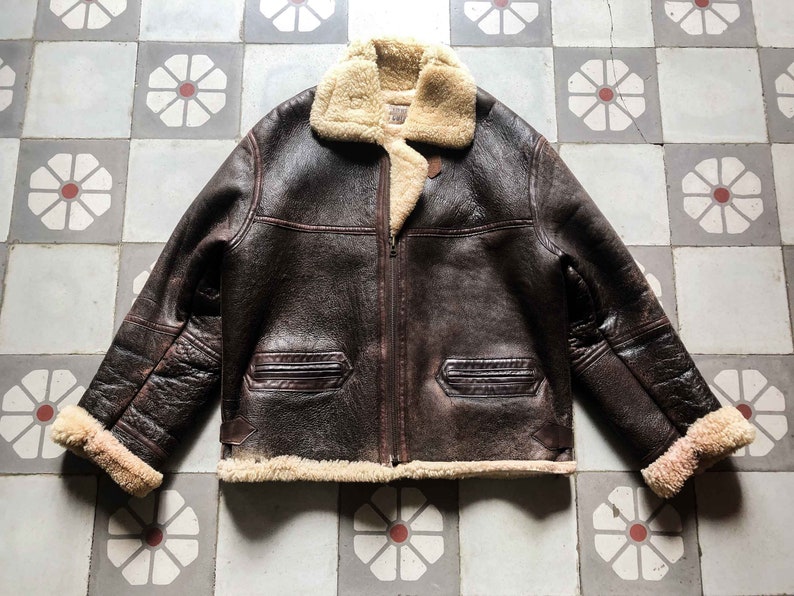 RARE CHIPIE B-3 Aviator Bomber Jacket Pilot 1980s. Sheepskin Winter blouson French Vintage zdjęcie 4