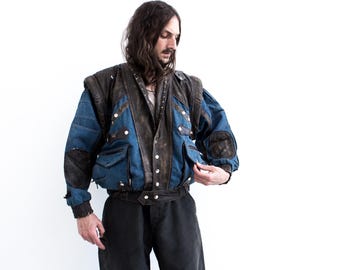 ジャケット・アウター geeks LEATHER COLLER DENIM JACKET John F Gee Denim Leather Jacket Customised Studded Punk
