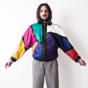 Kriegsman Furs Color Block Lamb Leather Jacket . 1980s Talon Zipper Made In USA Patchwork Designer