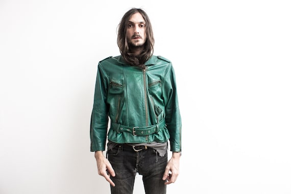 Green Biker Jacket. 80s Moto Jacket Leather Bomber